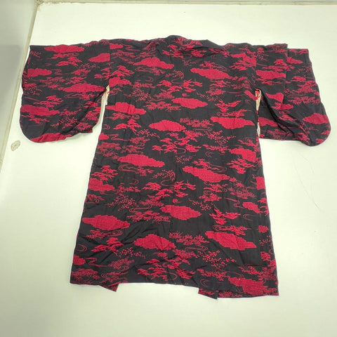 Vintage Japanese Kimono Haori Jacket Cloud Pine Tree Print Black Red Graphic