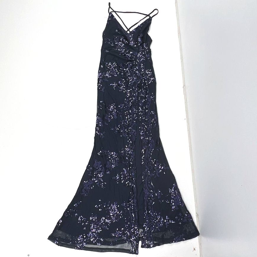 Showpo Navy Sequin Out Till Dawn Split Maxi Dress Women's Size 4 NWT