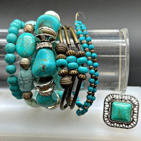 Southwestern Style Faux Turquoise Jewelry Lot 19pc Necklaces Earrings Bracelets