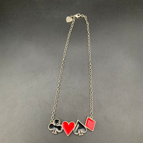 Rock Rebel Card Suit Rockabilly Necklace Vintage Y2K Silver Tone Enamel 18"