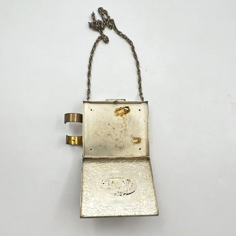 Vintage Silver Tone Vanity Case Compact Dance Purse Floral Repousse Art Deco