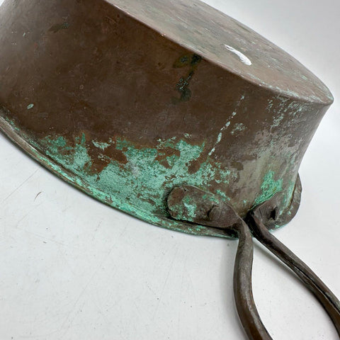 Vintage Copper Pot Primitive Rustic Verdigris Patina Iron Handles 11" Bowl