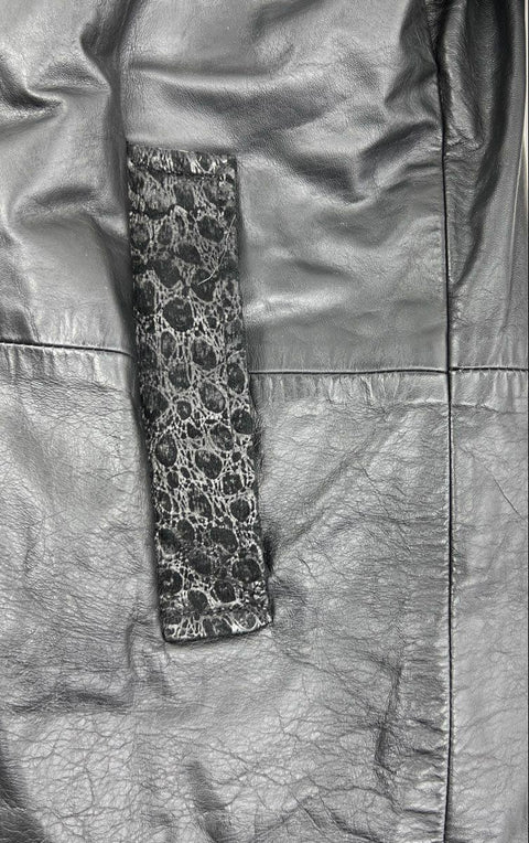 Vintage 80s Northside Fashions Women's Black Leather Reptile Trim Coat Sz L USA