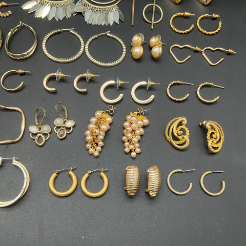 Vintage Modern Gold Tone Earrings Jewelry Lot 40 Pairs Hoops Studs Faux Pearl