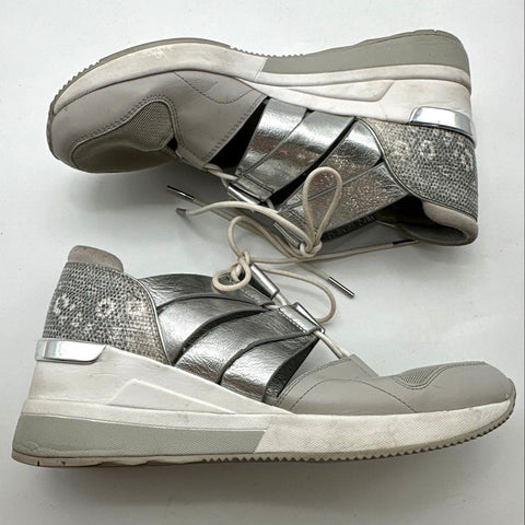 Michael Kors Mindy Silver Metallic Strap Wedge Trainer Sneakers Women's Size 9