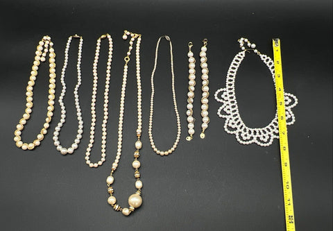 Vintage Faux Pearl Jewelry Lot of 8 Necklaces Bracelets Bib Collar Statement