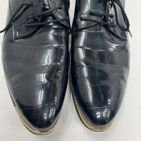 Black Croc Embossed Studded Heel Metal Toe Derby Oxford Shoes Size 46 / US 12