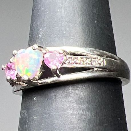 925 Sterling Silver Heart Opal, Pink Topaz & Sapphire Accent Ring Size 5.75g