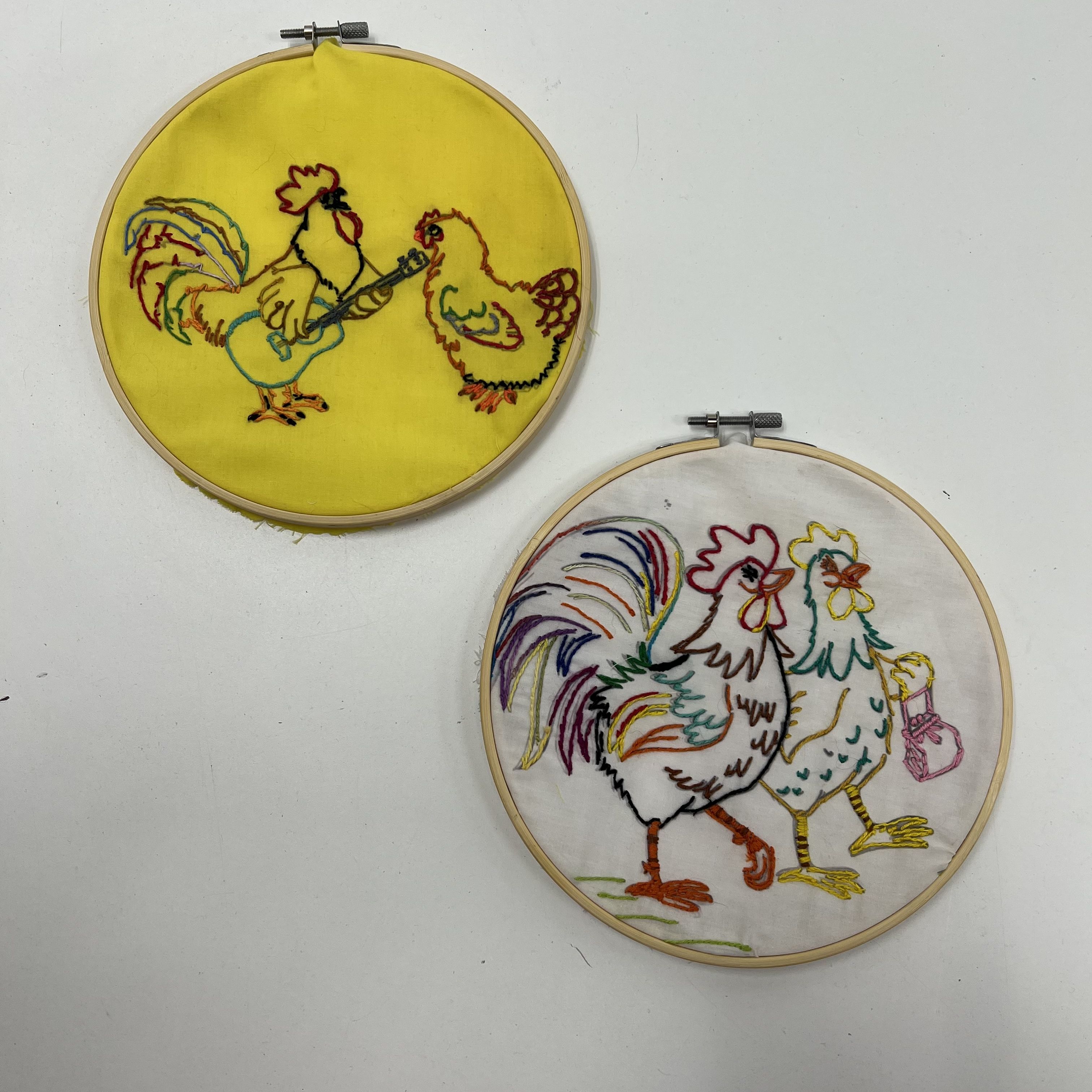 Set of Two Vintage Embroidered Chickens Roosters Handmade 8"