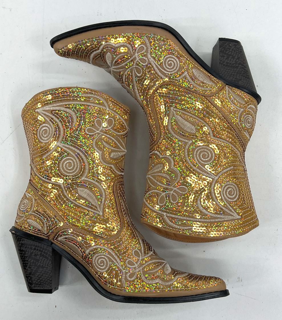 Helen & Heart Gold Tan Sequin Embroidered Western Cowboy Boots Women's Size 7