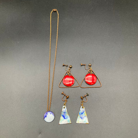 Vintage Mid-Century Enameled Copper Jewelry Lot 5 Pieces Earrings Necklace