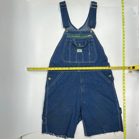 Liberty Men's Blue Denim Overalls Cut-off Shorts Green Zipper Sz 34x30