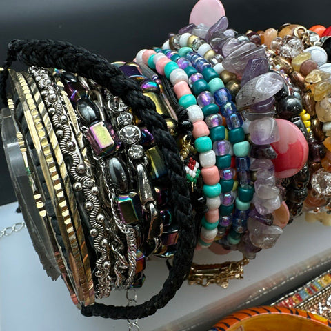 Vintage to Modern Costume Jewelry Lot 40+ Bracelets Bangles Cuffs Beaded Boho