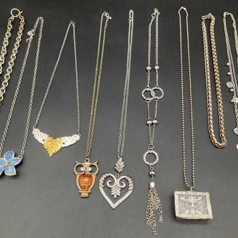 Mixed Costume Jewelry Lot 13 Necklaces Silver Gold Tone Owl Heart "H" Motif