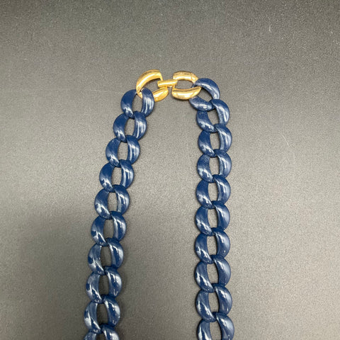 Vintage Napier Blue Enamel Link Necklace Gold Tone Chunky Curb Chain 24"