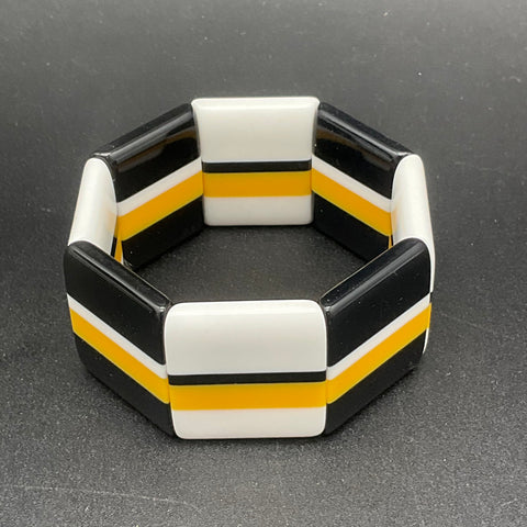 Vintage Modernist Chunky Resin Stretch Bracelet Black White Yellow Geometric
