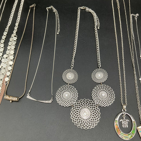 Vintage to Modern Costume Jewelry Lot 11 Necklaces Silver Tone Statement Pieces