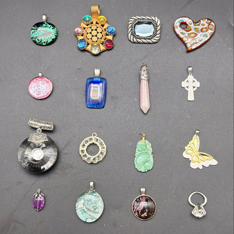 Vintage to Modern Costume Jewelry Pendant Lot 16 Pieces Glass Stone Heart Cross