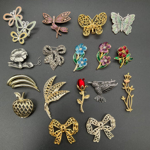 Vintage Costume Brooch Pin Lot of 17 Butterfly Floral Bow Enamel Rhinestone