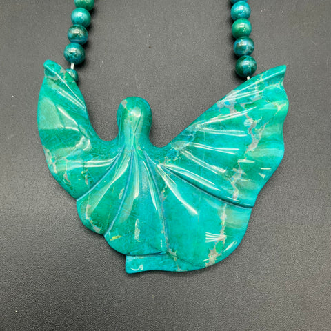 Karla Jordan Vintage Carved Chrysocolla Angel Pendant Beaded Necklace