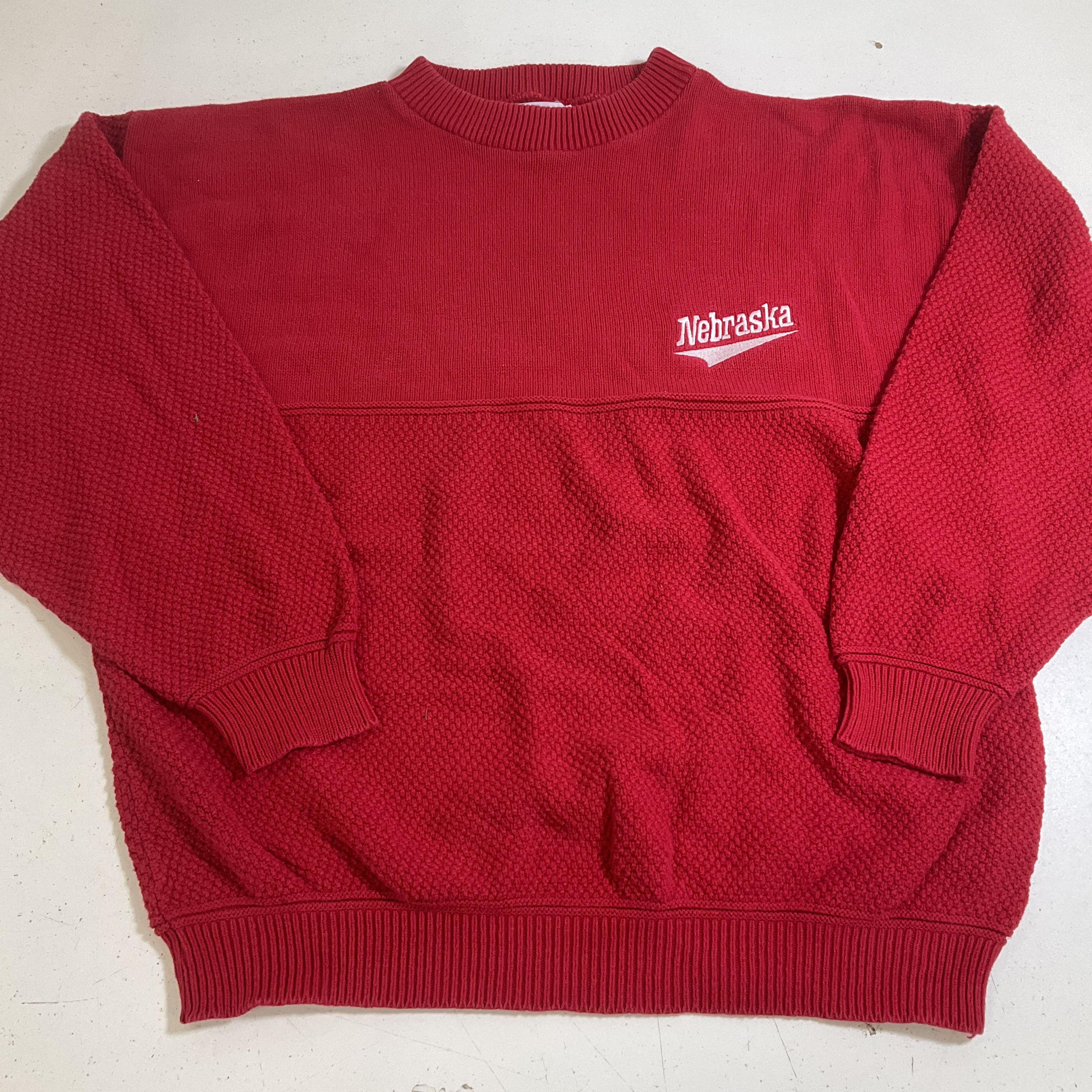 Vintage 90s Lee Sport Red Nebraska Embroidered Textured Knit Sweater Men's L