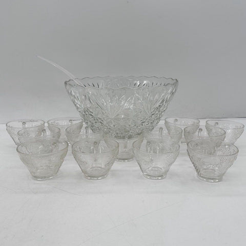 Vintage Pressed Glass Punch Bowl Set 14pc Grape & Starburst Pattern Clear