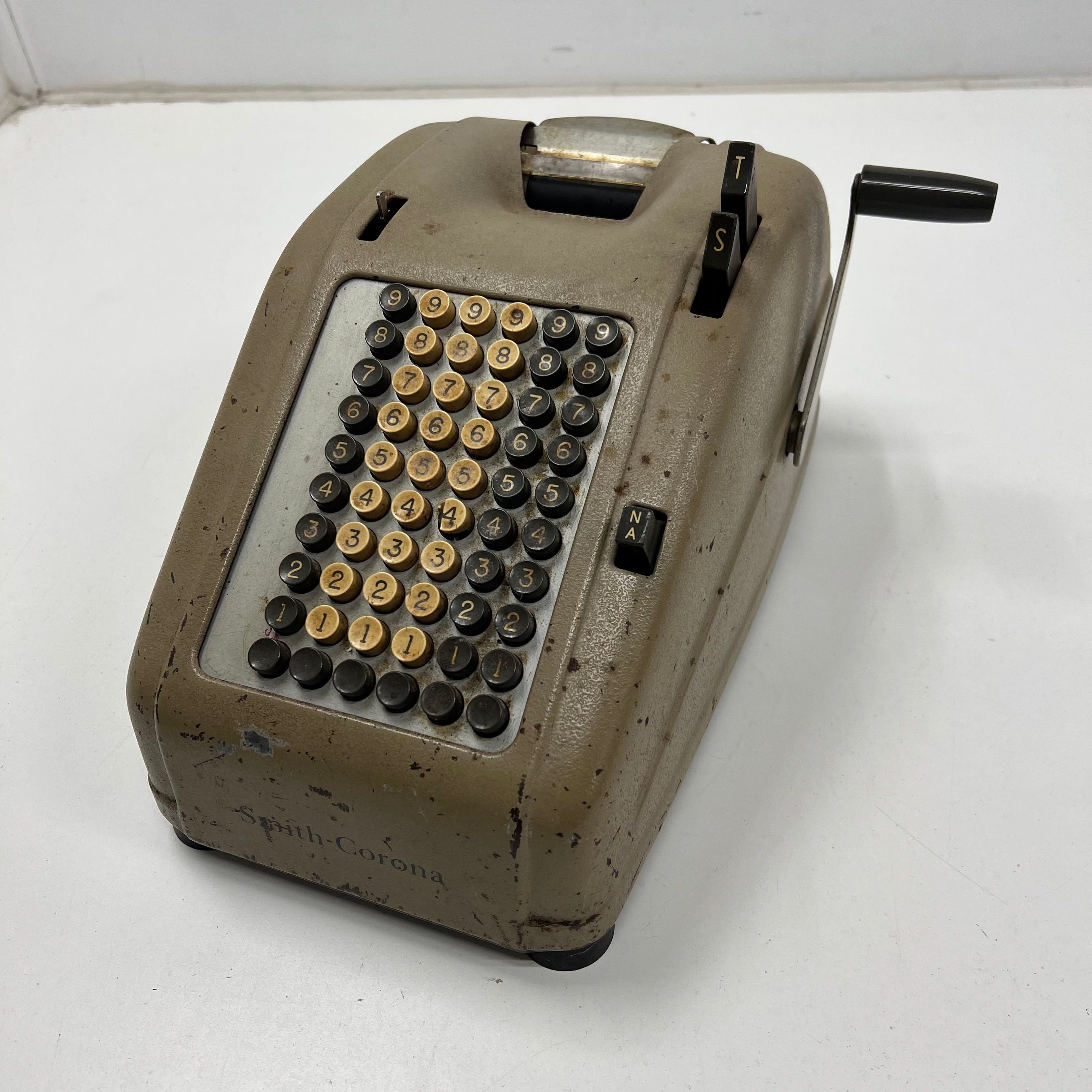 Vintage Smith Corona Hand Crank Adding Machine Gray Metal Industrial Mid-Century