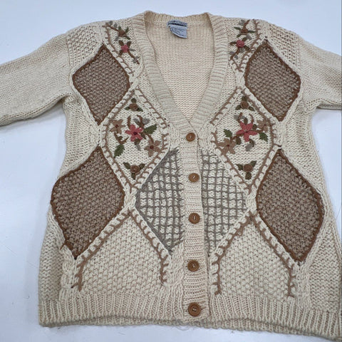 Vintage 90s Cabin Creek Women's Cream Floral Embroidered Cardigan Sz L P