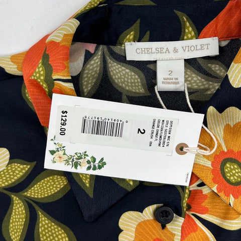 NWT Chelsea & Violet Black Orange Floral Print Popover Blouse Shirt Size 2