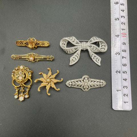 Vintage Victorian Revival Jewelry Lot of 6 Brooches Rhinestone Pearl Gold Tone