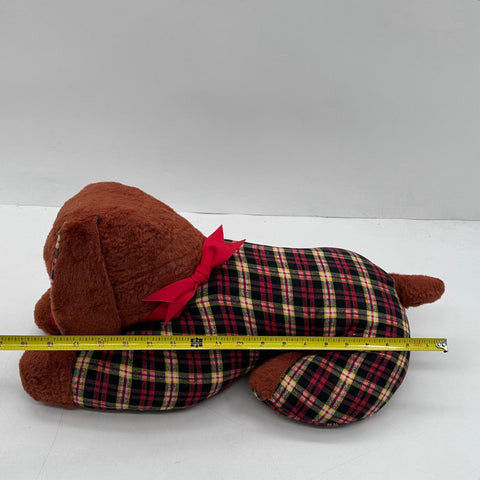 Vintage 1960s Dog Plushie Plaid Brown Faux Fur Stuffed Animal 20 Inch Large