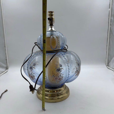 Carl Falkenstein Blue Glass Table Lamp Hand Painted Flowers Hollywood Regency