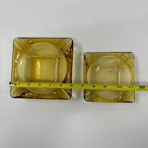Vintage Amber Glass Square Ashtray Set 2 Piece Mid-Century Modern Barware