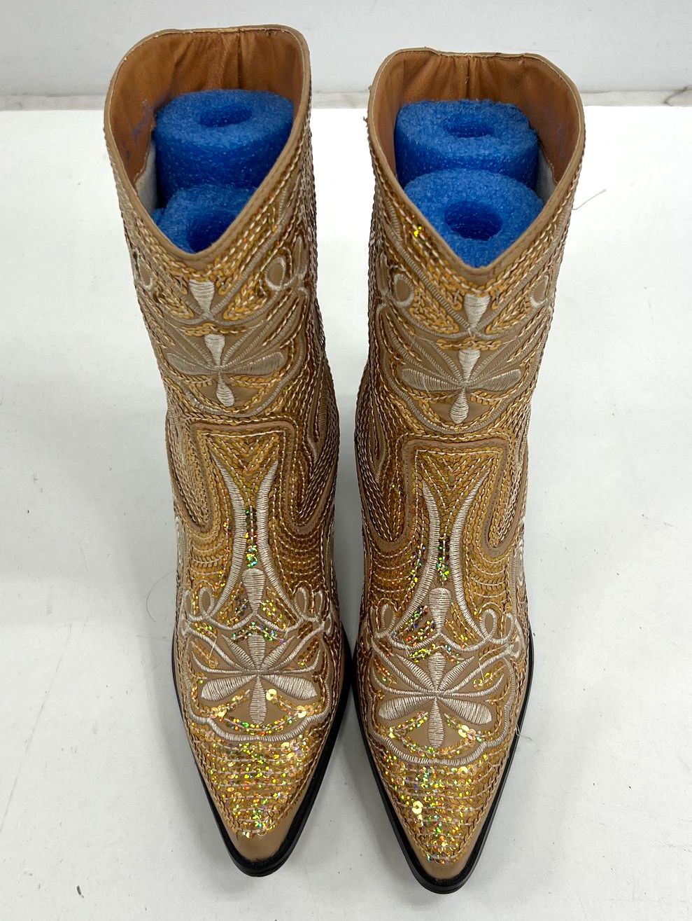 Helen & Heart Gold Tan Sequin Embroidered Western Cowboy Boots Women's Size 7