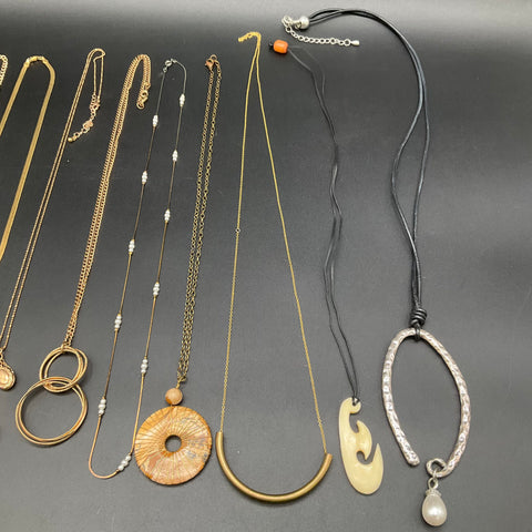 Fashion Costume Jewelry Lot of 11 Necklaces Gold Tone Chains Lockets Pendants