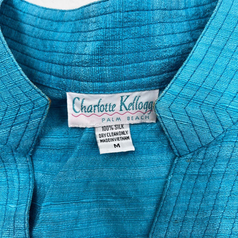 Charlotte Kellogg Women's Silk Tunic Top Teal Blue Pintuck Textured Sz M