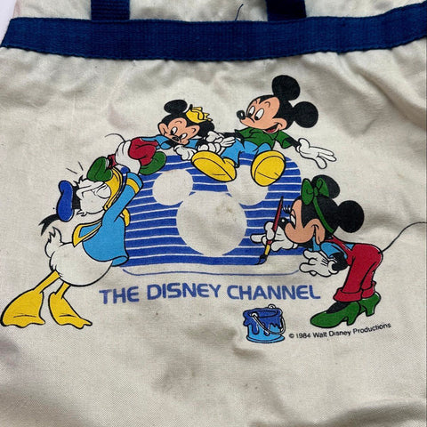 Disney 1984 Channel Mickey Minnie Donald Canvas Tote Bag Off-White