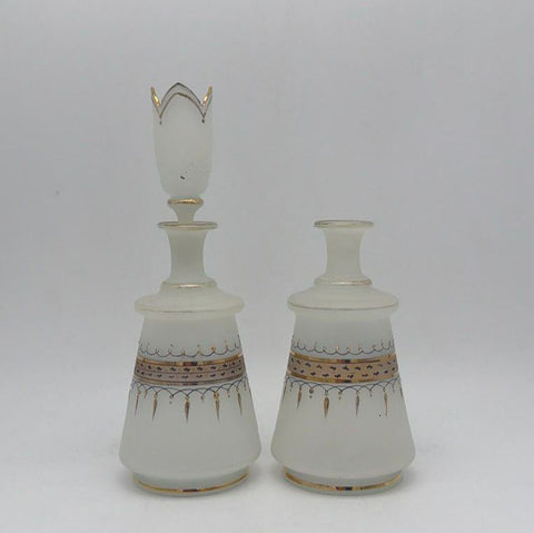 Vintage Frosted Satin Glass Decanter Set Gold Trim Hand Painted 2 Pcs 1 Stopper