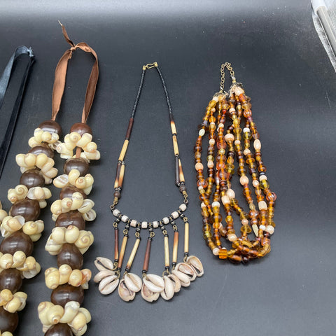 Boho Tropical Shell Beaded Necklace Jewelry Lot 7pcs Kukui Nut Bib Multi-Strand