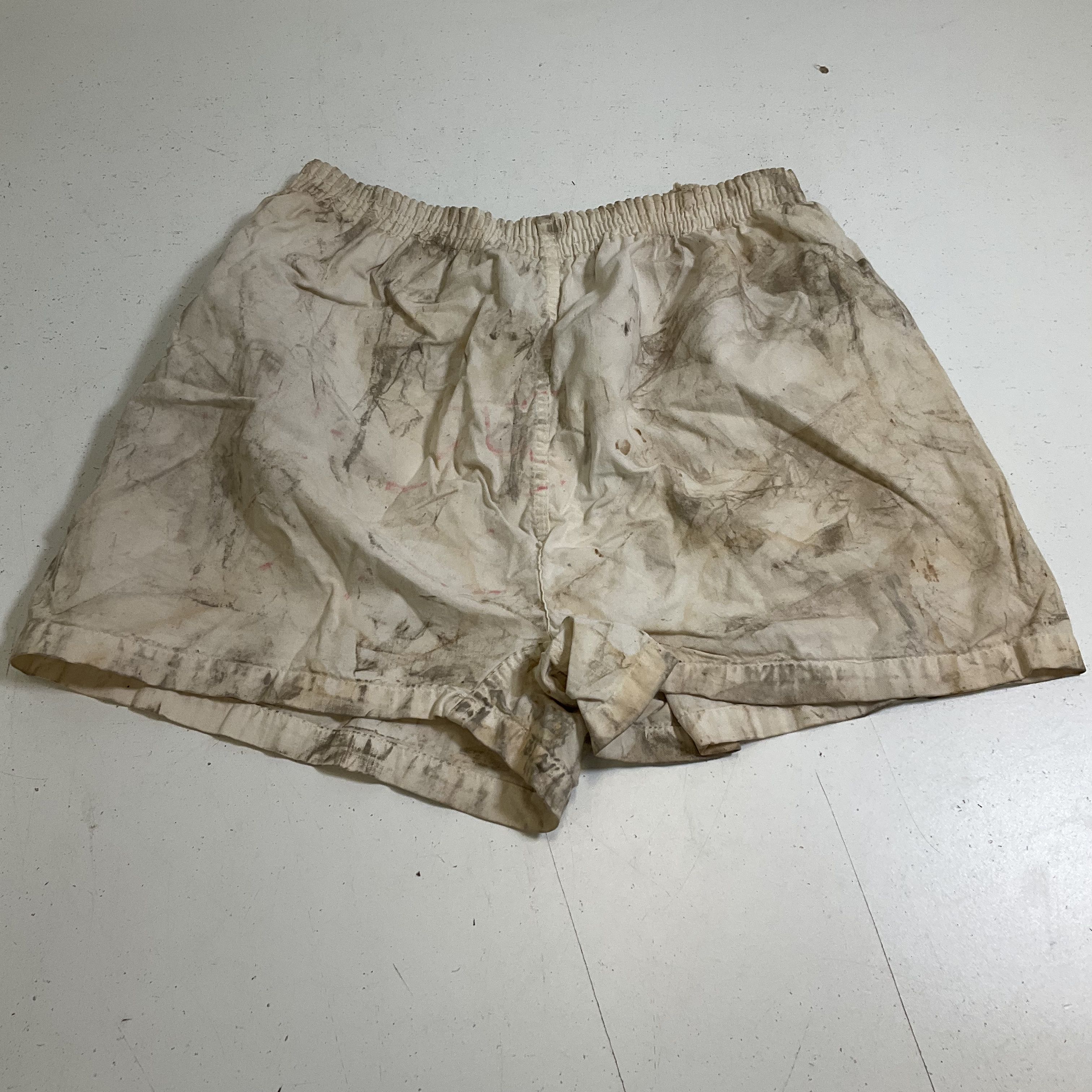 Vintage 70s Pepperell Off White Thrashed Cotton Distressed Gym Shorts Men's 34
