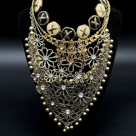 Statement Fashion Bib Necklaces Lot 2pc Gold & Silver Tone Multi-Strand Boho