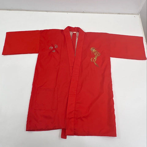 Vintage Japanese Kimono Robe Red Acetate Embroidered Dragon Made in Japan