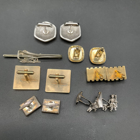 Vintage Mens Cufflinks Tie Bar Lot 7 Sets Figural Dog Fish MOP Mid Century
