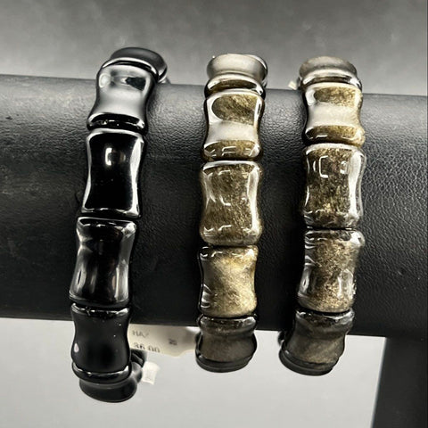 Natural Stone Bracelet Lot of 6 Obsidian Rose Quartz Bamboo Style Stretch