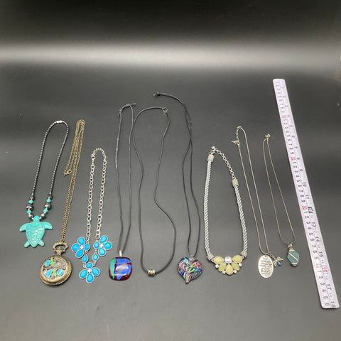 Fashion Jewelry Lot 9 Necklaces Glass Heart Turtle Pocket Watch Pendant Charm