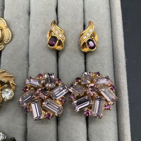 Vintage Clip-On Earrings Lot 8 Pairs B. David Signed Rhinestone AB Mid-Century