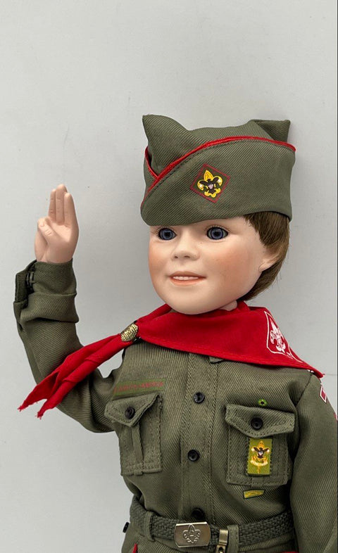 Vintage Boy Scout Doll Bisque Porcelain 17 Inch Full Uniform Salute Pose