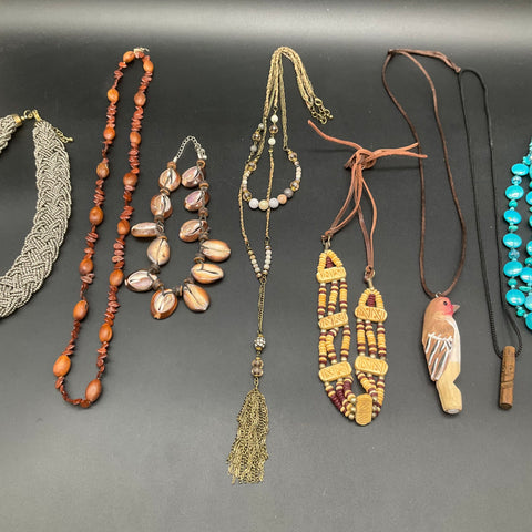 Bohemian Eclectic Costume Jewelry Lot of 9 Necklaces Shell Wood Beaded Tassel