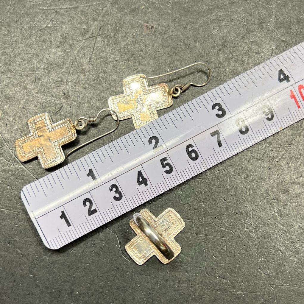 925 Sterling Silver Southwestern Style Cross Necklace Ring Earrings Set 15.5g