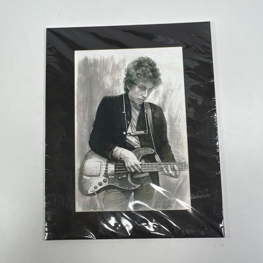 Vintage Signed Music Portrait Print : Bob Dylan Playing Bass Guitar